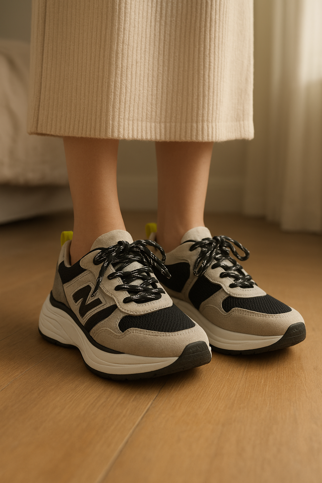 Baskets Les Tropeziennes debout, face à la caméra, dans une chambre à la lumière douce, avec une lumière naturelle filtrant par la fenêtre.