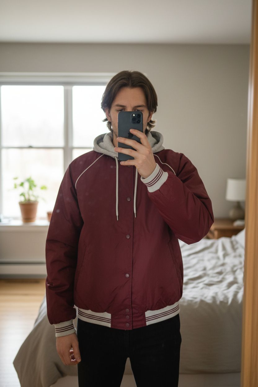 Bomber Nylon Jacket Vintage avec capuche Veste de baseball USA Bordeaux Retro L debout, face à la caméra, dans une chambre à la lumière douce, avec une lumière naturelle filtrant par la fenêtre.