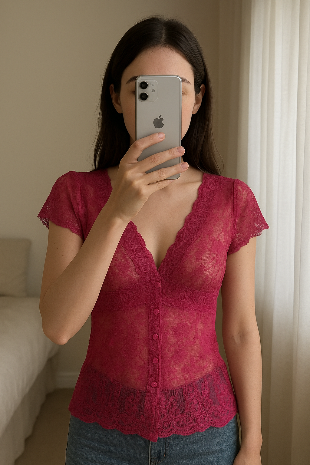 Top Dolce & Gabbana debout, face à la caméra, dans une chambre à la lumière douce, avec une lumière naturelle filtrant par la fenêtre.