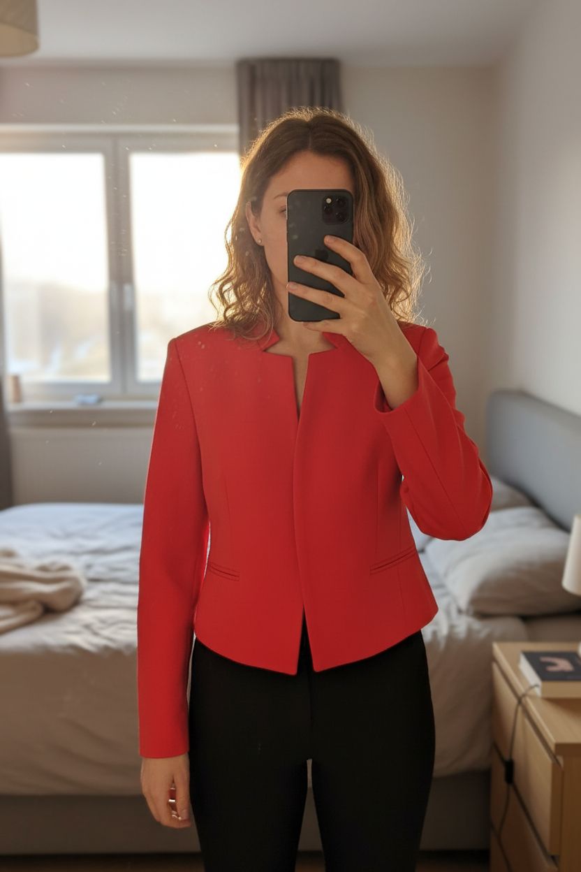 Veste bolero debout, face à la caméra, dans une chambre à la lumière douce, avec une lumière naturelle filtrant par la fenêtre.