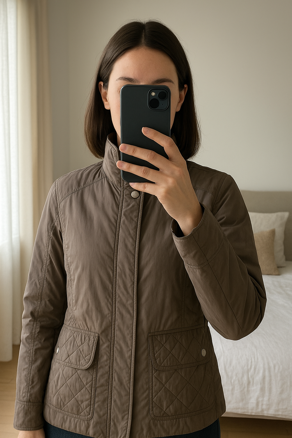 Magnifique doudoune. debout, face à la caméra, dans une chambre à la lumière douce, avec une lumière naturelle filtrant par la fenêtre.