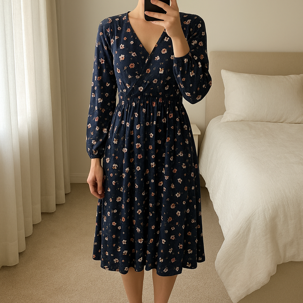 Floral navy pleated midi dress standing straight facing the camera, in a softly lit bedroom setting, with gentle natural light filtering through a window.