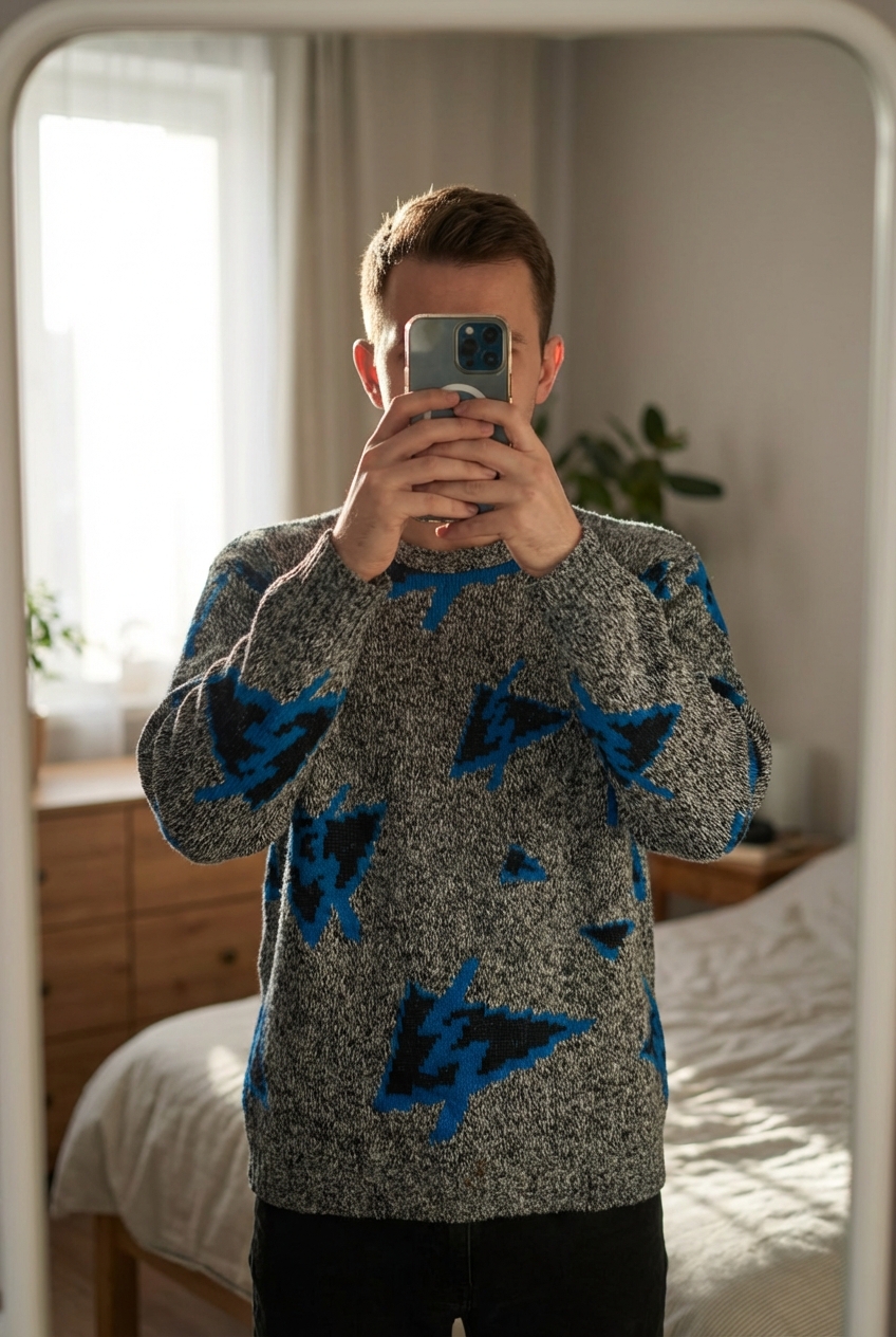 Pull Vintage Sweater à motif Graphic athenic patern Vintage acrylique Gris M debout, face à la caméra, dans une chambre à la lumière douce, avec une lumière naturelle filtrant par la fenêtre.