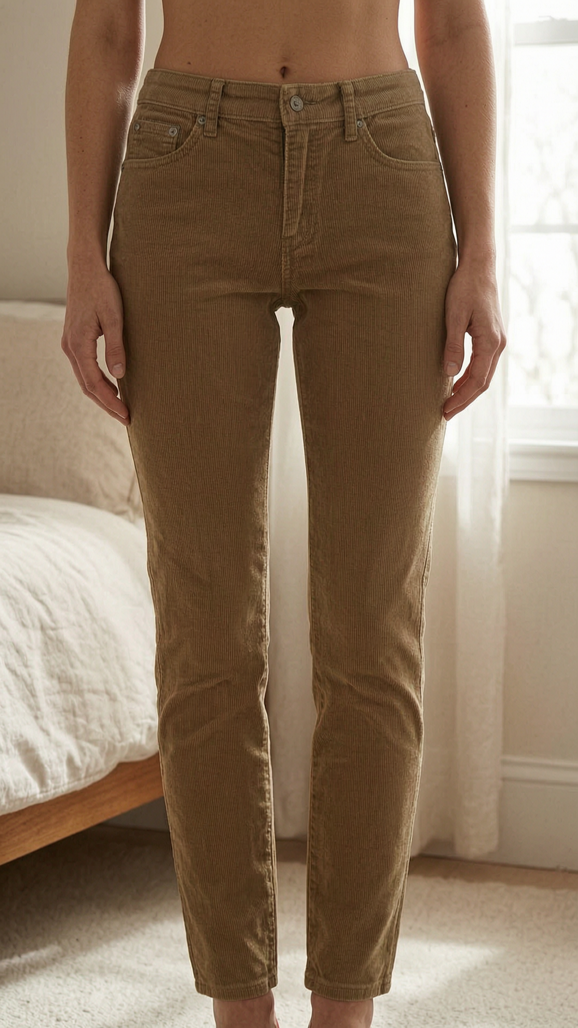 Jean velour cotelé GAP debout, face à la caméra, dans une chambre à la lumière douce, avec une lumière naturelle filtrant par la fenêtre.