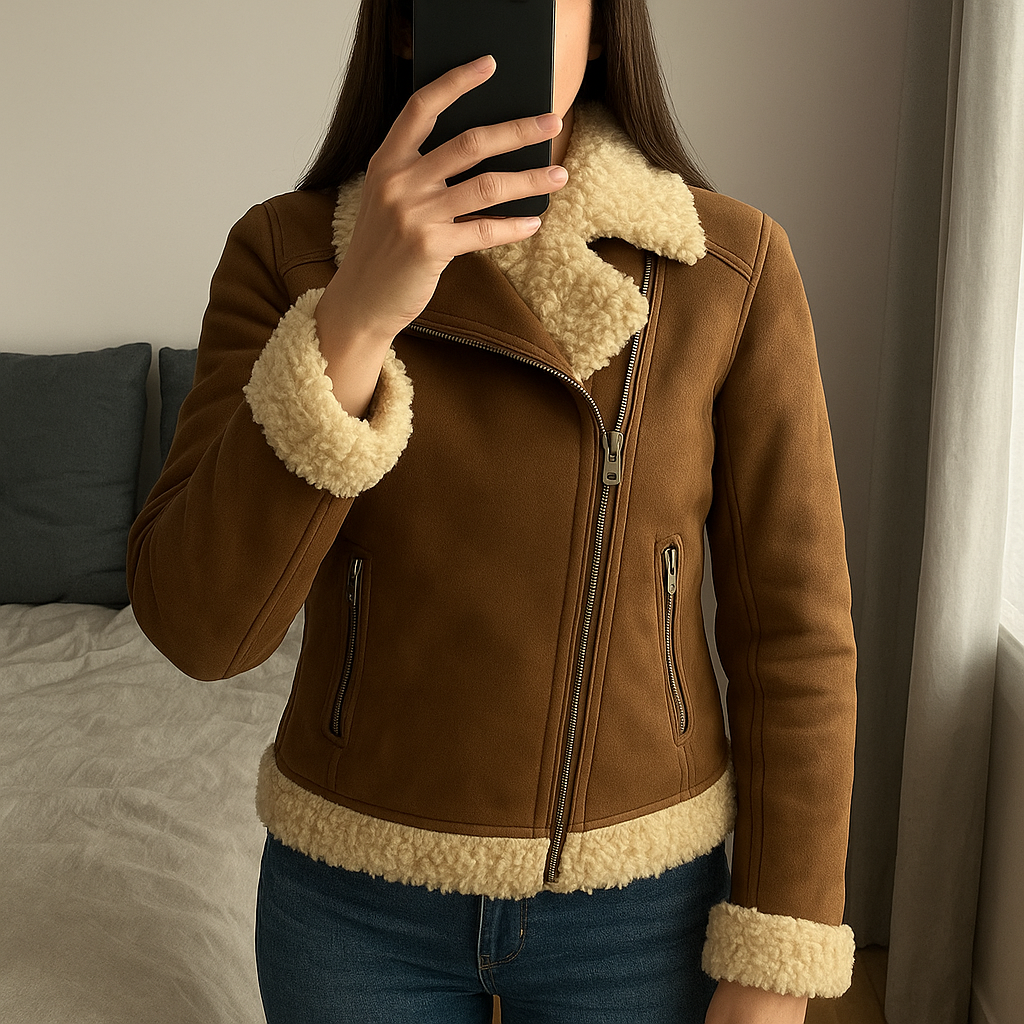 Blouson pour femme automne/hivers taille 36 - H&M debout, face à la caméra, dans une chambre à la lumière douce, avec une lumière naturelle filtrant par la fenêtre.