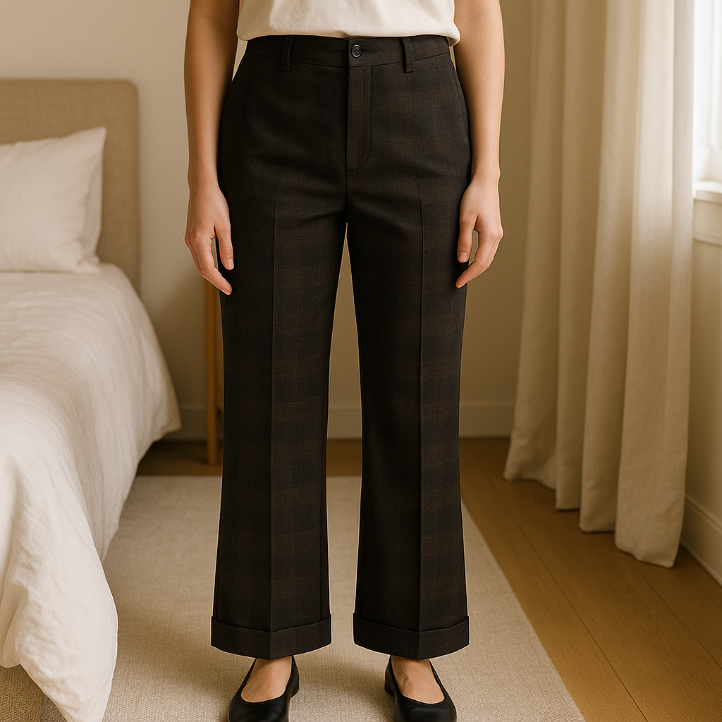 Brunello Cucinelli pantalon de costume pants officiel debout, face à la caméra, dans une chambre à la lumière douce, avec une lumière naturelle filtrant par la fenêtre.