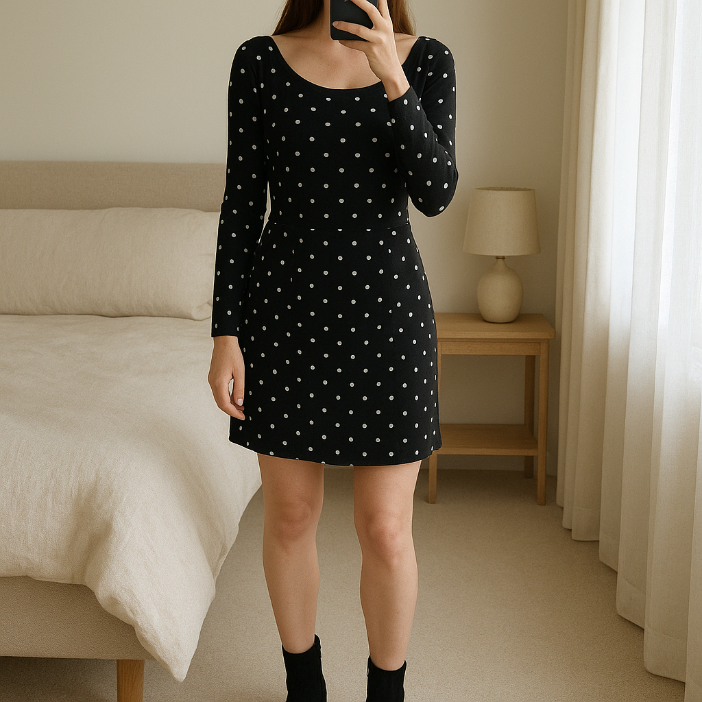 Robe Zara T34 édition limité diamants debout, face à la caméra, dans une chambre à la lumière douce, avec une lumière naturelle filtrant par la fenêtre.