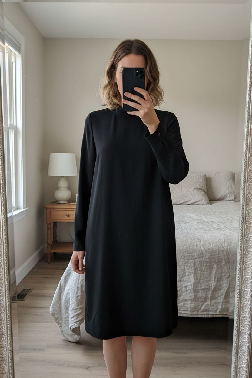 Boden black dress UK 10 long sleeve shift LBD high neck minimalist workwear dark academia standing straight facing the camera, in a softly lit bedroom setting, with gentle natural light filtering through a window.
