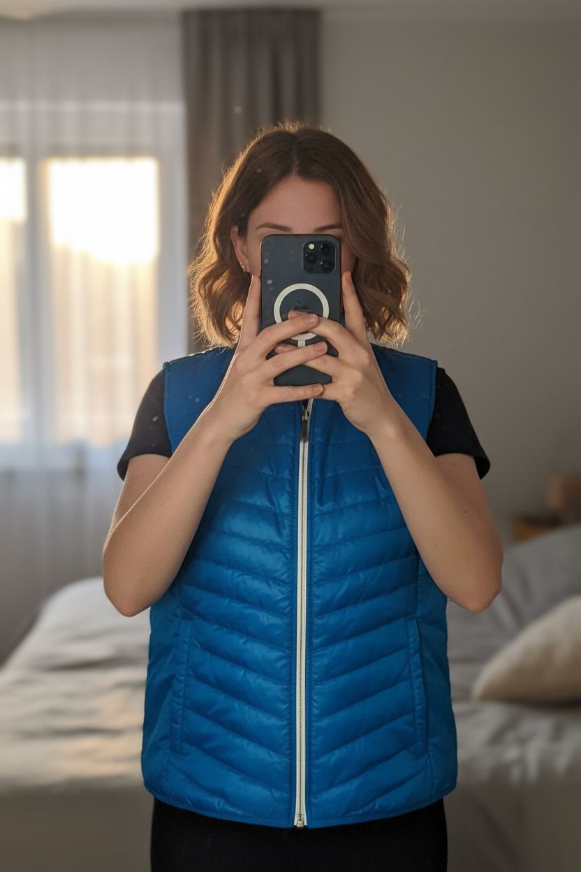 Veste sans manche debout, face à la caméra, dans une chambre à la lumière douce, avec une lumière naturelle filtrant par la fenêtre.
