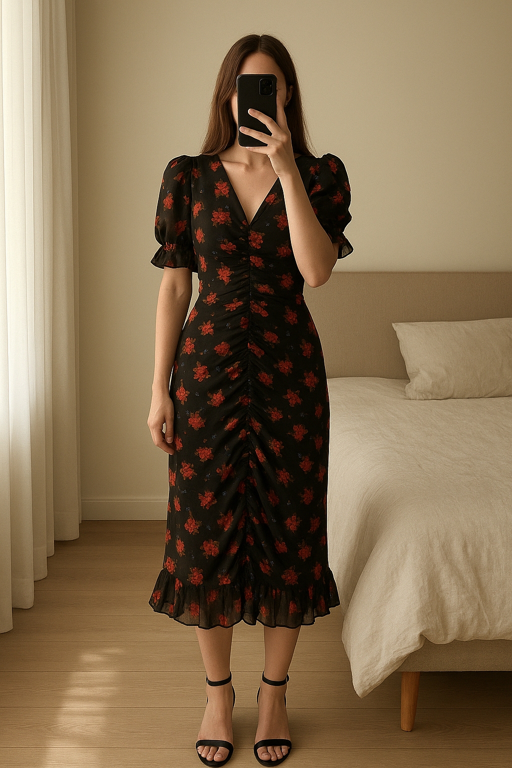 Robe chic fleurie ZARA Taille S debout, face à la caméra, dans une chambre à la lumière douce, avec une lumière naturelle filtrant par la fenêtre.