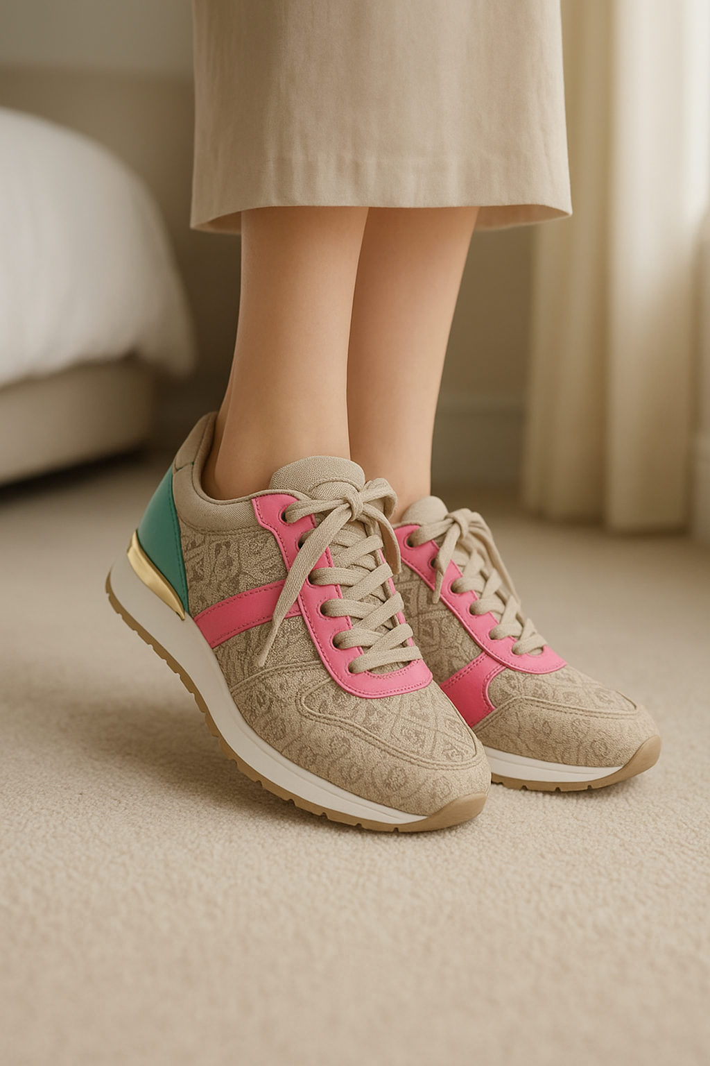 Basket femme Guess taille 37
Très bon état debout, face à la caméra, dans une chambre à la lumière douce, avec une lumière naturelle filtrant par la fenêtre.