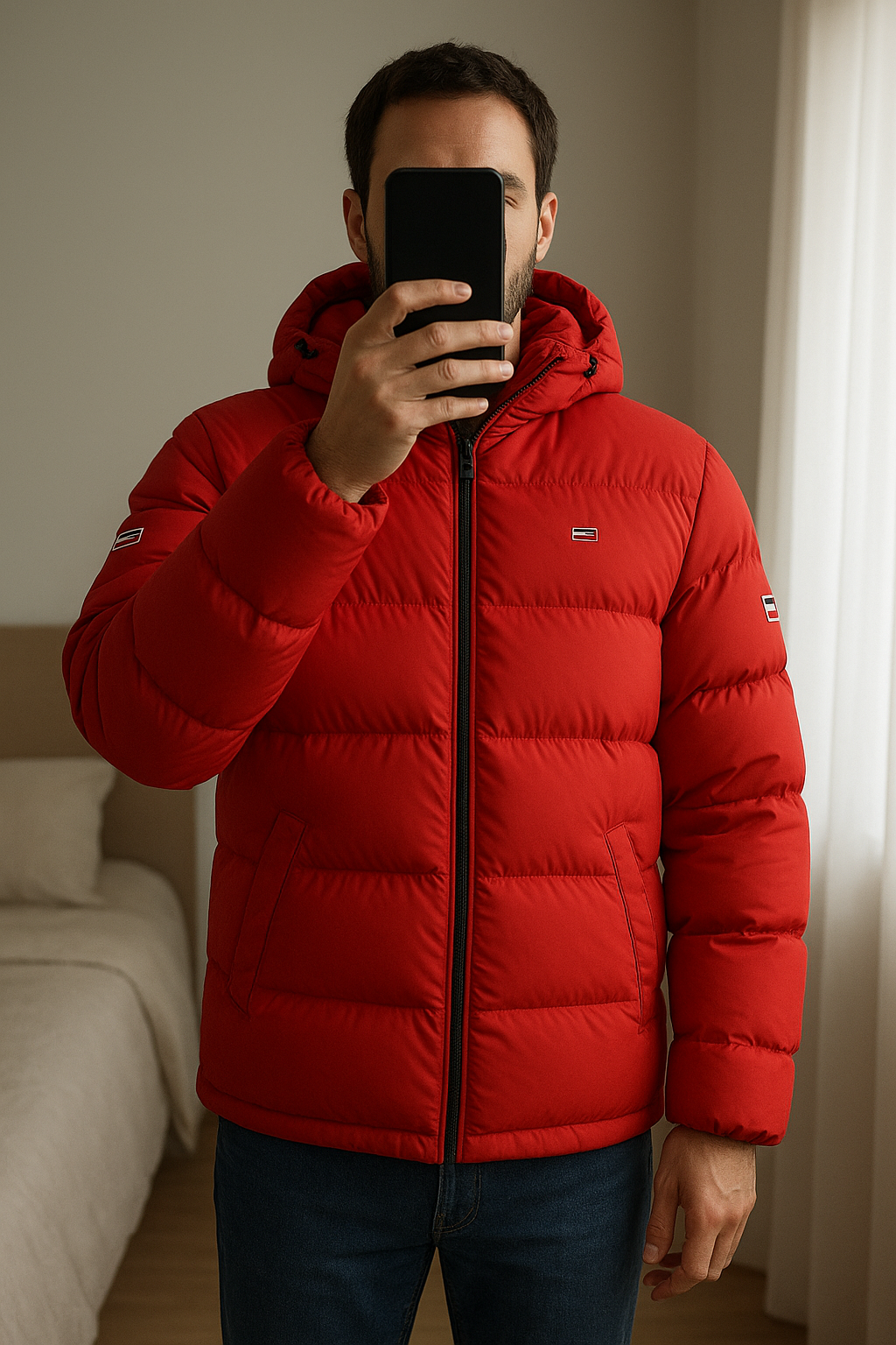 Vendo Piumino Tommy Hilfiger Rosso taglia XS (veste S) in piedi, rivolto verso la fotocamera, in una camera da letto con luce soffusa e luce naturale che filtra dalla finestra.