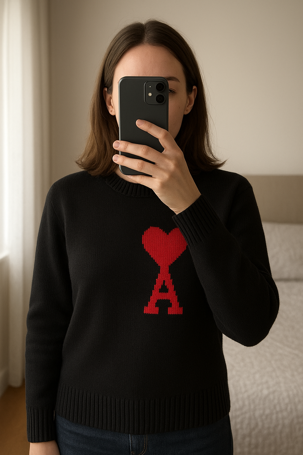 Pull ami Paris taille M debout, face à la caméra, dans une chambre à la lumière douce, avec une lumière naturelle filtrant par la fenêtre.