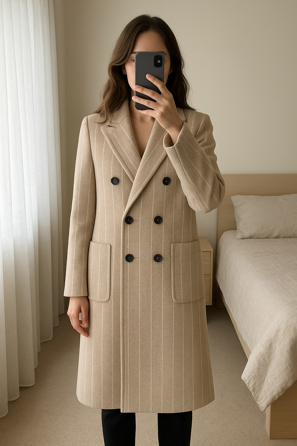 Manteau laine rayures oversize zara XS debout, face à la caméra, dans une chambre à la lumière douce, avec une lumière naturelle filtrant par la fenêtre.