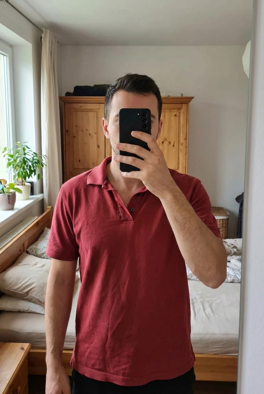 Polo rouge inesis taille L debout, face à la caméra, dans une chambre à la lumière douce, avec une lumière naturelle filtrant par la fenêtre.