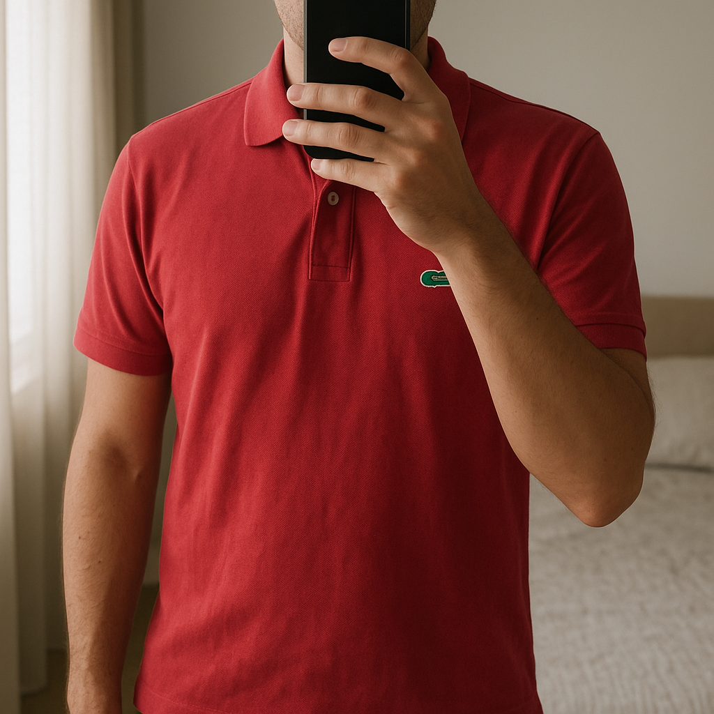 Polo Lacoste t-shirt rose debout, face à la caméra, dans une chambre à la lumière douce, avec une lumière naturelle filtrant par la fenêtre.