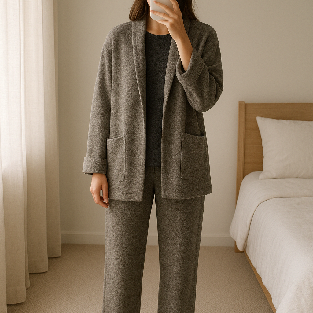 Completo Donna Elegante – Cotone Elasticizzato, Taglia 44, Nuovo con Cartellino in piedi, rivolto verso la fotocamera, in una camera da letto con luce soffusa e luce naturale che filtra dalla finestra.