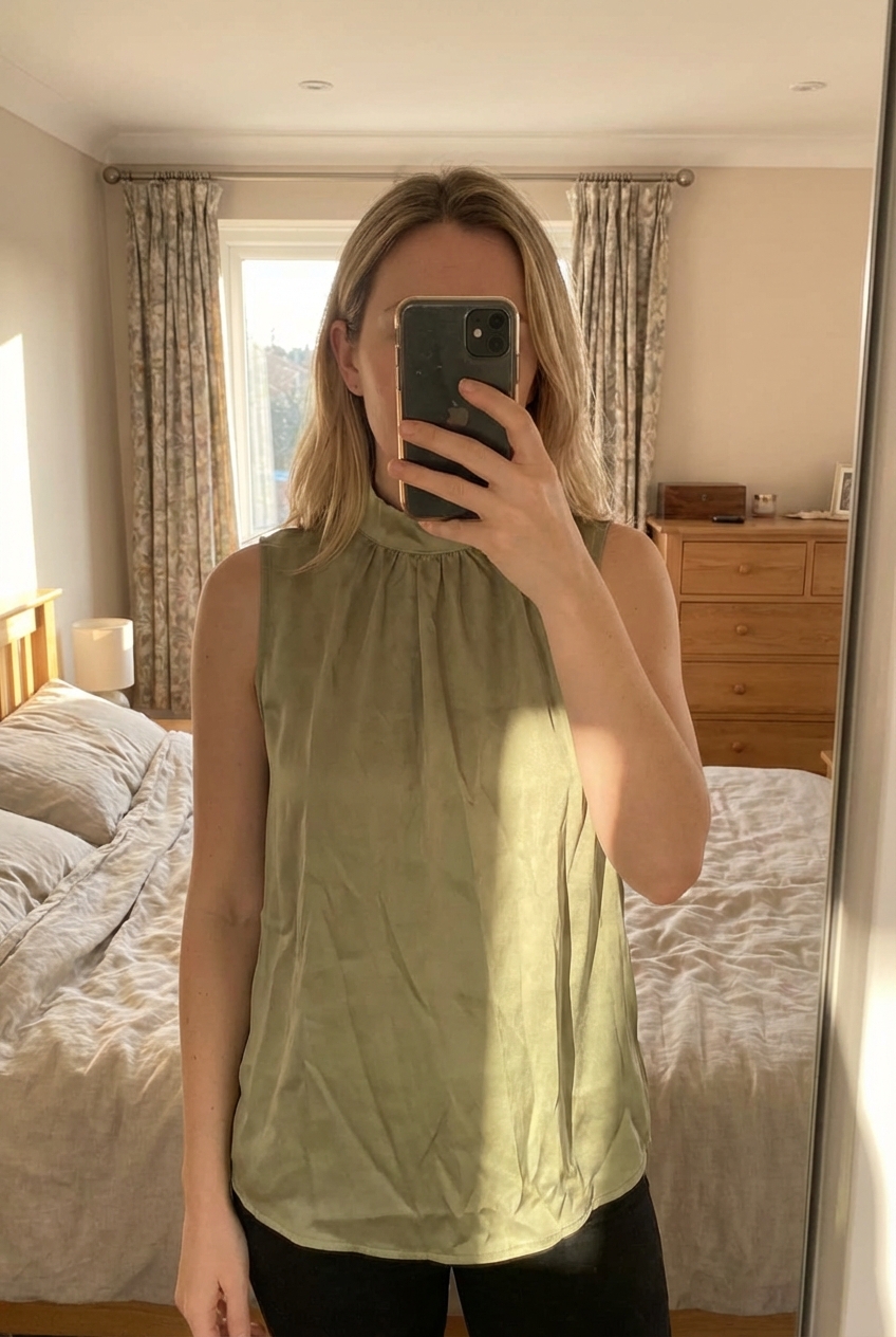 Haut kaki shein t.38 effet satiné debout, face à la caméra, dans une chambre à la lumière douce, avec une lumière naturelle filtrant par la fenêtre.