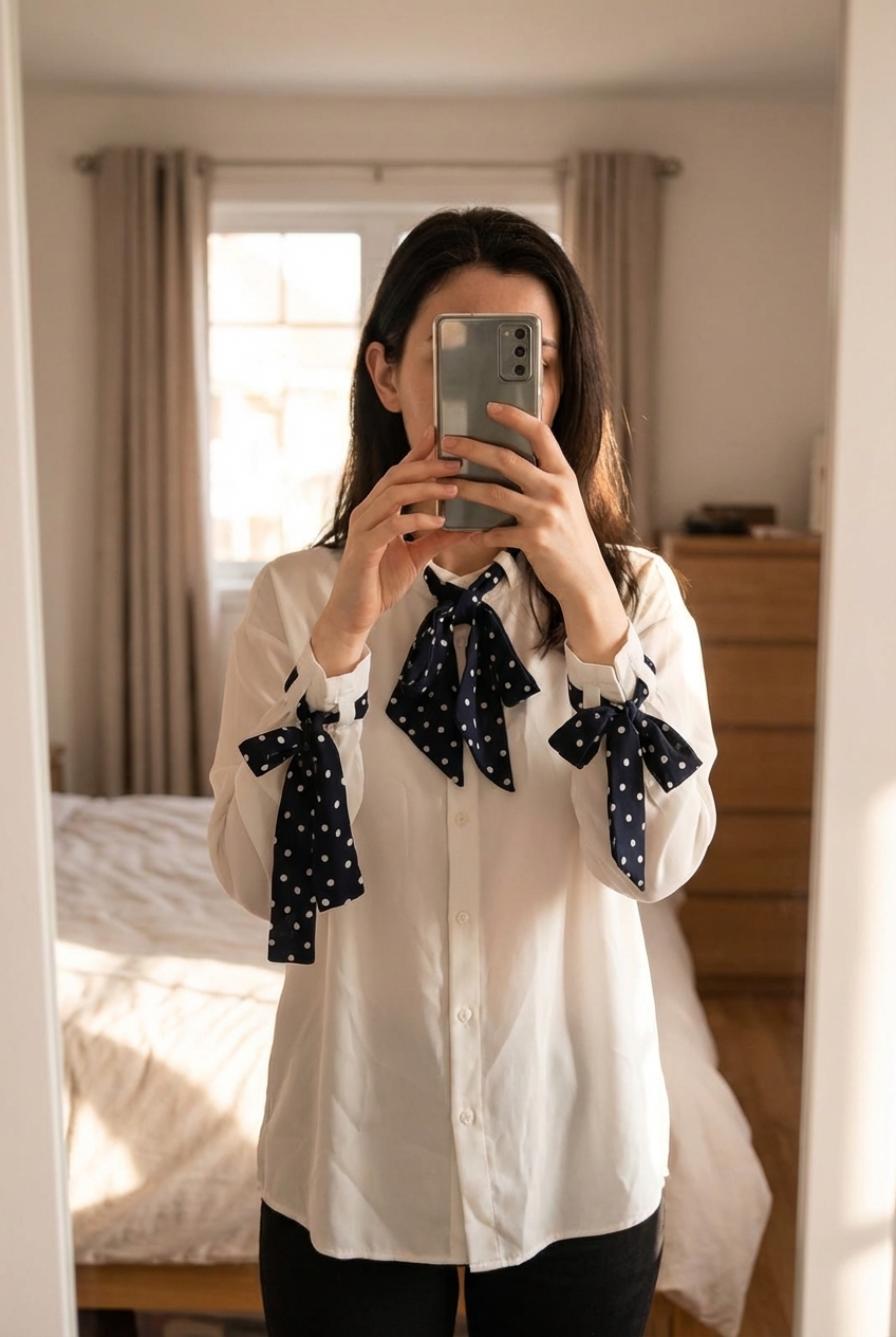 Chemisier blanc col lavallière Zara taille M/38 debout, face à la caméra, dans une chambre à la lumière douce, avec une lumière naturelle filtrant par la fenêtre.