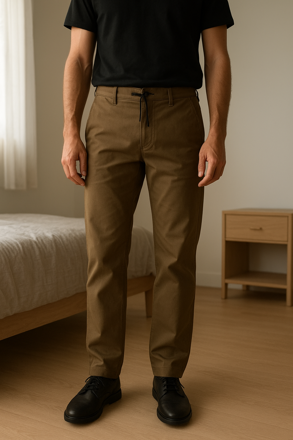 Pantalon de ville Sandro debout, face à la caméra, dans une chambre à la lumière douce, avec une lumière naturelle filtrant par la fenêtre.