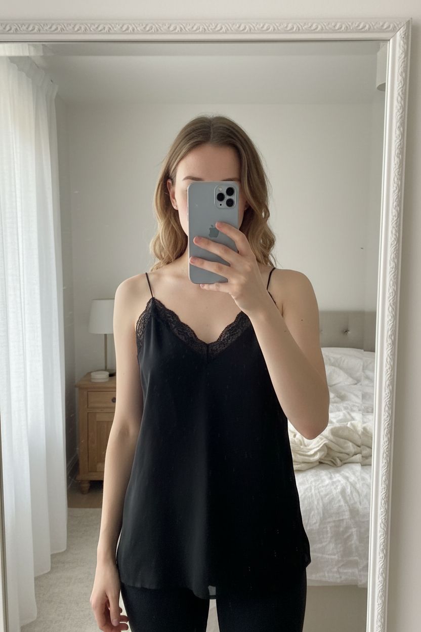 Top haut débardeur noir Zara debout, face à la caméra, dans une chambre à la lumière douce, avec une lumière naturelle filtrant par la fenêtre.