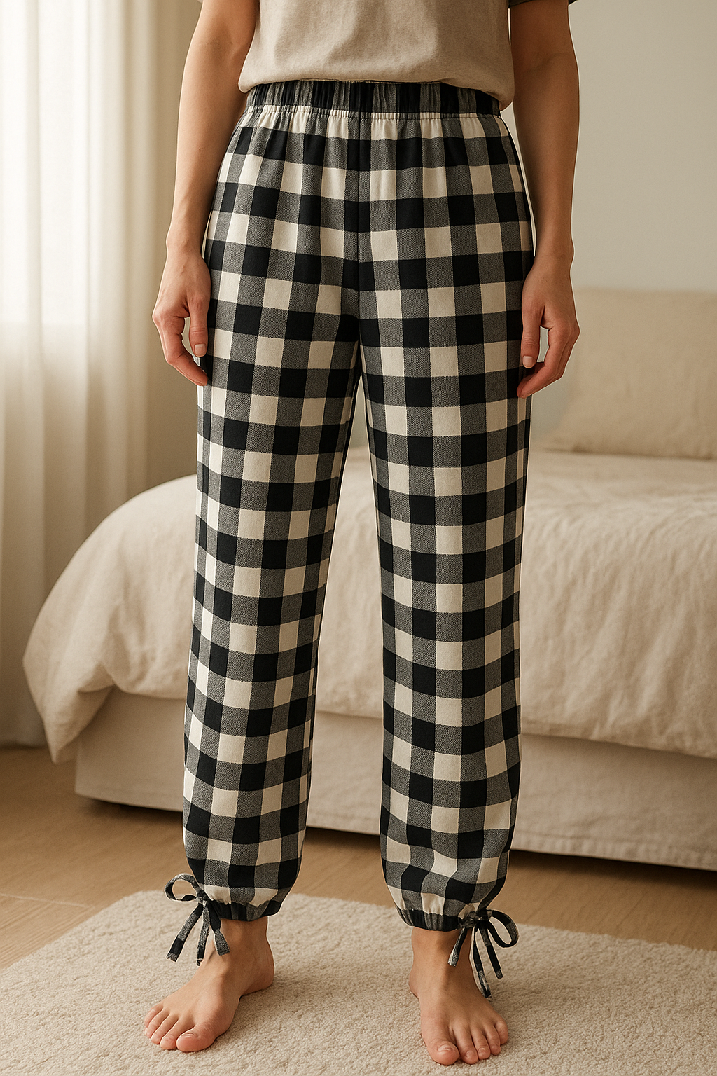 Bas de pyjama à carreaux debout, face à la caméra, dans une chambre à la lumière douce, avec une lumière naturelle filtrant par la fenêtre.