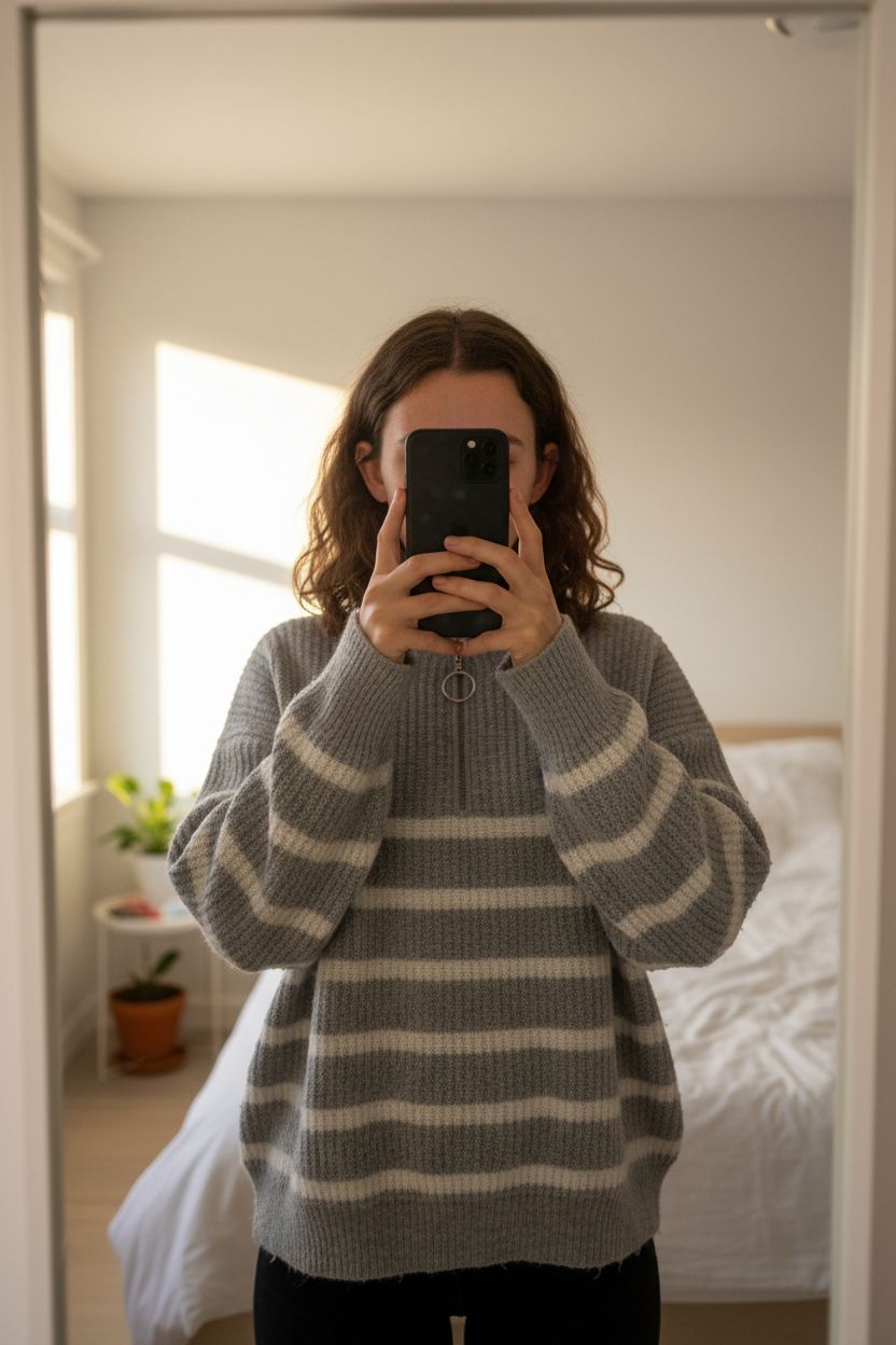 Pull à rayures debout, face à la caméra, dans une chambre à la lumière douce, avec une lumière naturelle filtrant par la fenêtre.