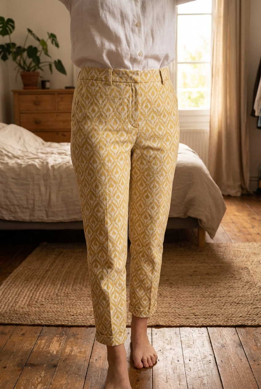 Pantalon see u soon 42 debout, face à la caméra, dans une chambre à la lumière douce, avec une lumière naturelle filtrant par la fenêtre.