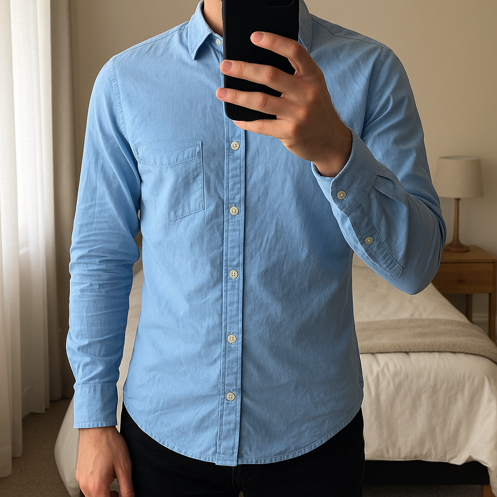 Chemise The Kooples Taille M Homme debout, face à la caméra, dans une chambre à la lumière douce, avec une lumière naturelle filtrant par la fenêtre.