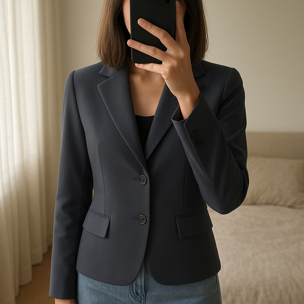 Giacca morbida Patrizia Pepe grigio in piedi, rivolto verso la fotocamera, in una camera da letto con luce soffusa e luce naturale che filtra dalla finestra.