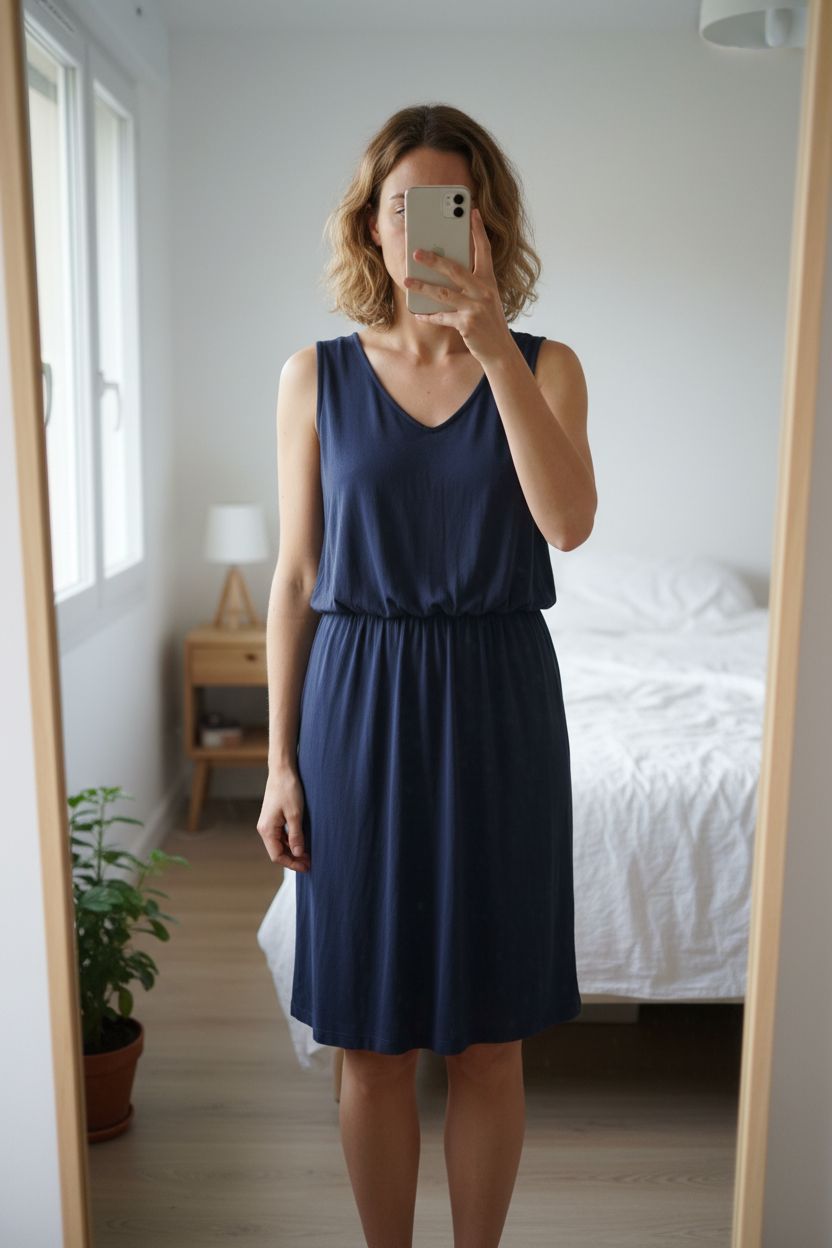 Jolie robe Sessun debout, face à la caméra, dans une chambre à la lumière douce, avec une lumière naturelle filtrant par la fenêtre.