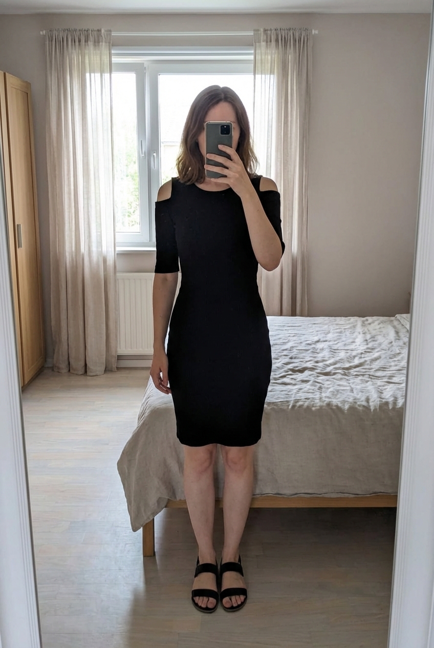 Robe noir mango taille s debout, face à la caméra, dans une chambre à la lumière douce, avec une lumière naturelle filtrant par la fenêtre.