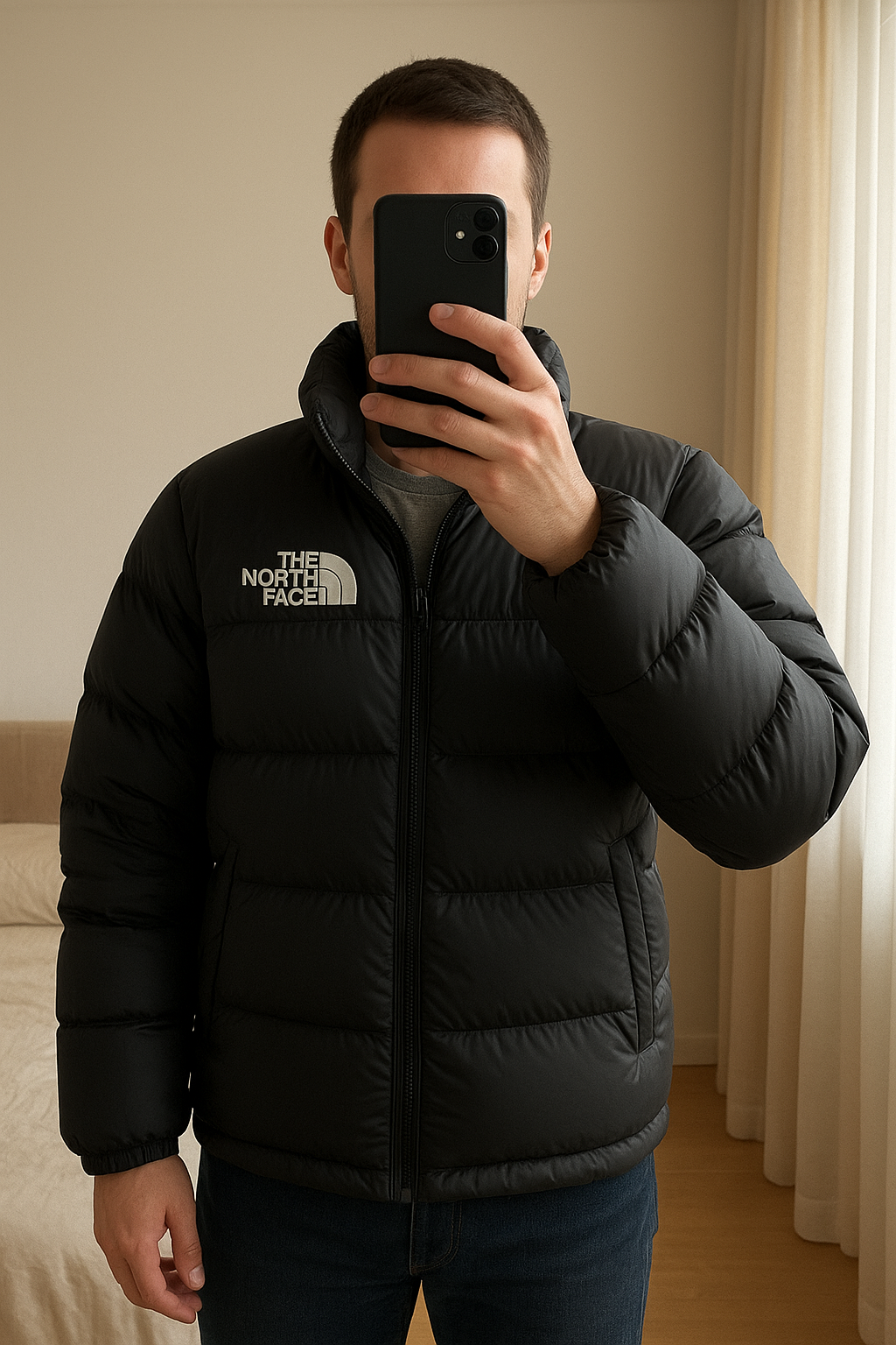 The North Face 700 standing straight facing the camera, in a softly lit bedroom setting, with gentle natural light filtering through a window.