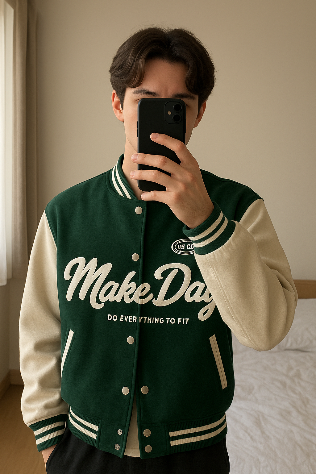 Veste verte debout, face à la caméra, dans une chambre à la lumière douce, avec une lumière naturelle filtrant par la fenêtre.