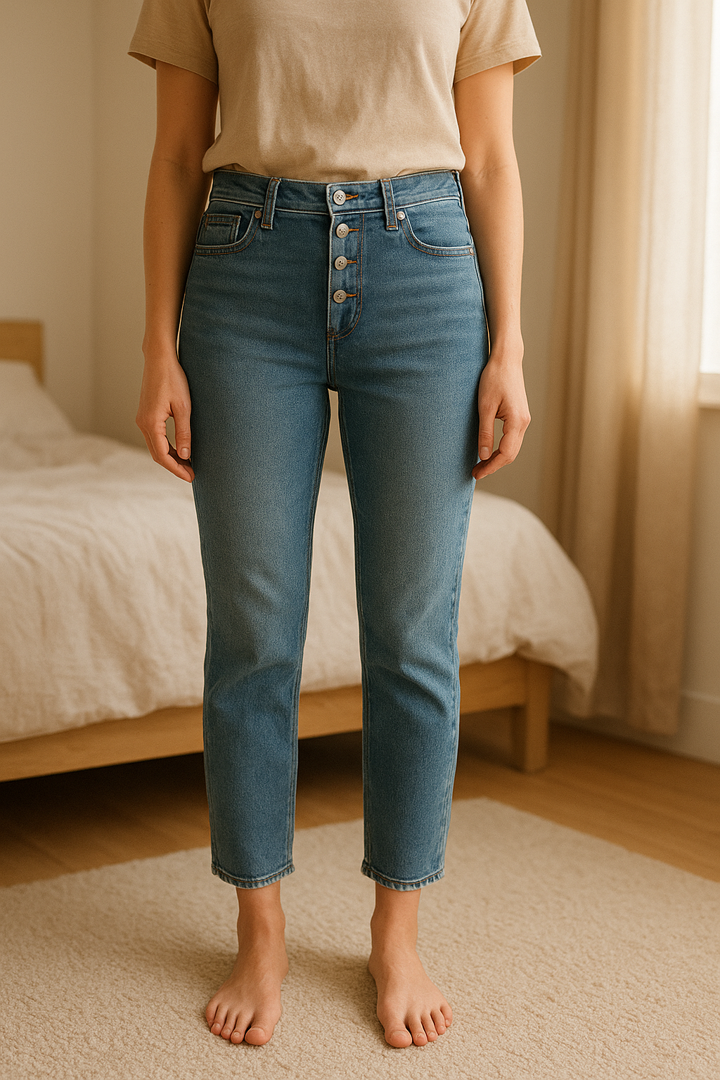 Jean taille 40 slim debout, face à la caméra, dans une chambre à la lumière douce, avec une lumière naturelle filtrant par la fenêtre.