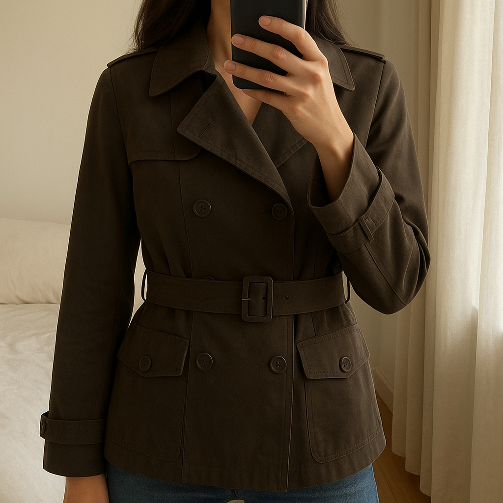 Massimo Dutti short trenchcoat size S standing straight facing the camera, in a softly lit bedroom setting, with gentle natural light filtering through a window.