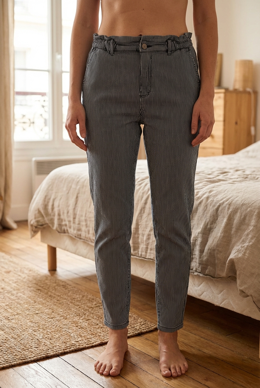 Pantalon femme bonobo taille 40 debout, face à la caméra, dans une chambre à la lumière douce, avec une lumière naturelle filtrant par la fenêtre.