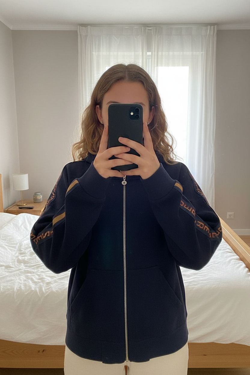 Sweat marine le temps des cerises - S debout, face à la caméra, dans une chambre à la lumière douce, avec une lumière naturelle filtrant par la fenêtre.