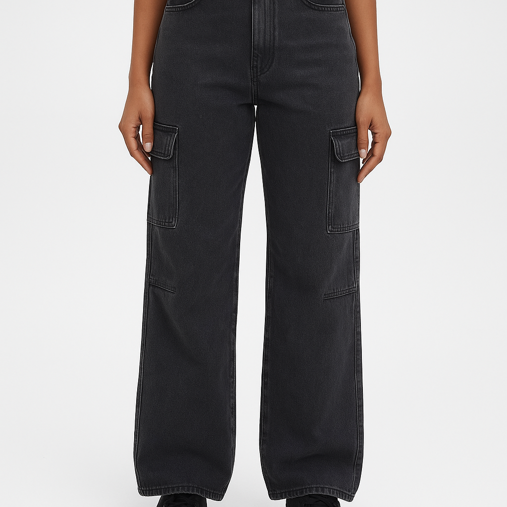 Une personne en Pantalon cargo baggy Shein debout, face à la caméra, dans un studio photo épuré avec fond blanc et éclairage doux.