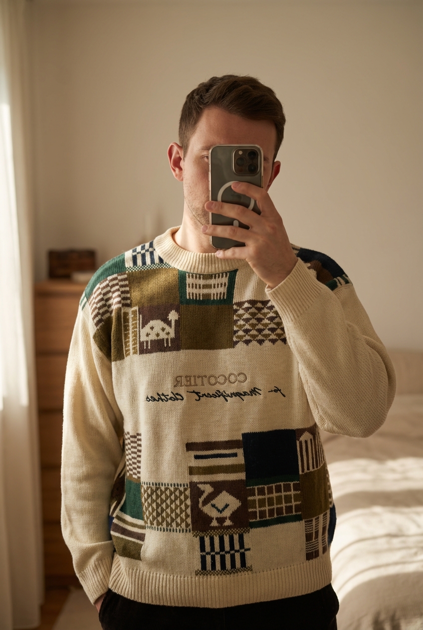 Pull Fait Main Tricot Aran Sweater 100% Acrylique Beige Marron Vintage Cocotier S debout, face à la caméra, dans une chambre à la lumière douce, avec une lumière naturelle filtrant par la fenêtre.