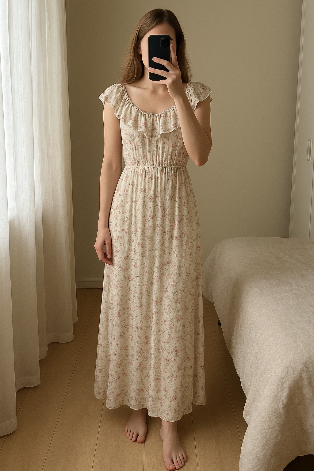 Tuta intera floreale leggera e fresca Compania Fantastica, tg L in piedi, rivolto verso la fotocamera, in una camera da letto con luce soffusa e luce naturale che filtra dalla finestra.