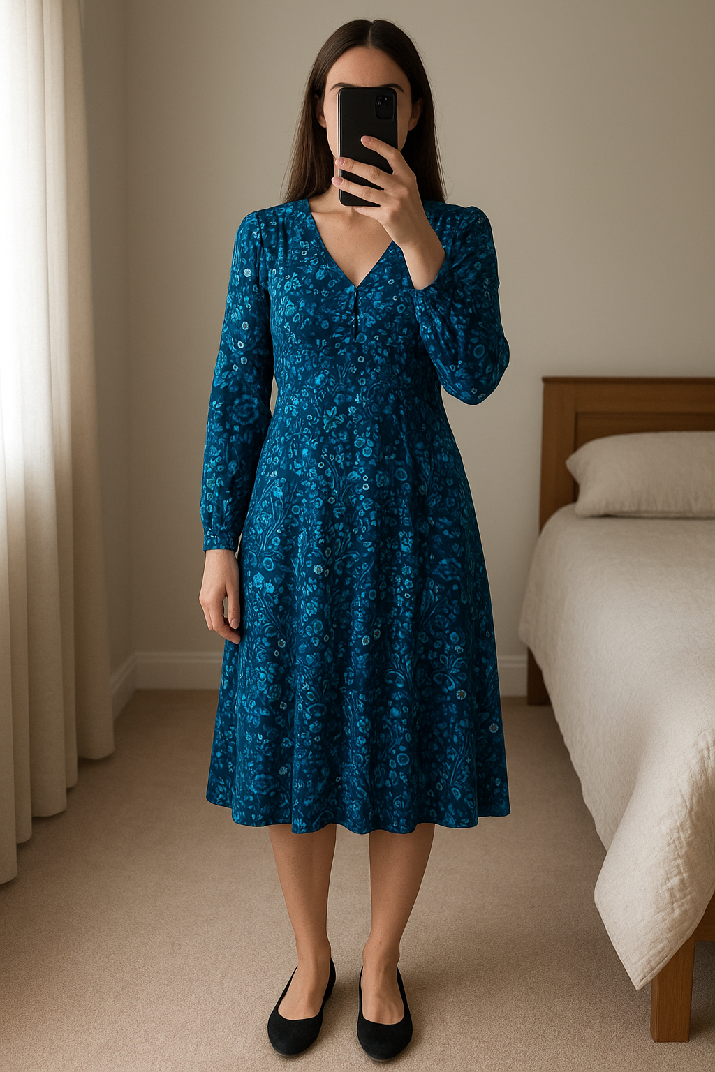 Robe de chez cache cache debout, face à la caméra, dans une chambre à la lumière douce, avec une lumière naturelle filtrant par la fenêtre.