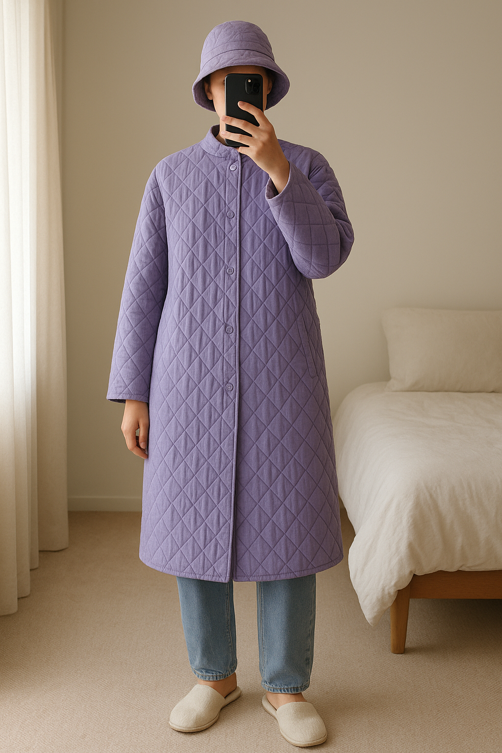Vintage quilted house coat duster padded jacket violet purple standing straight facing the camera, in a softly lit bedroom setting, with gentle natural light filtering through a window.