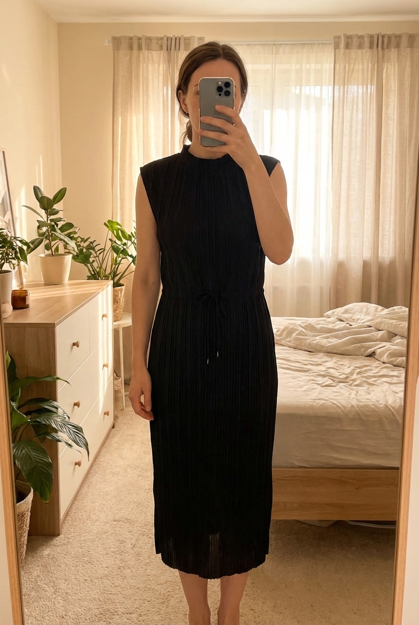 Une personne en Robe longue plissée sans manche - femme - M - Zara debout, face à la caméra, dans une chambre à la lumière douce, avec une lumière naturelle filtrant par la fenêtre.