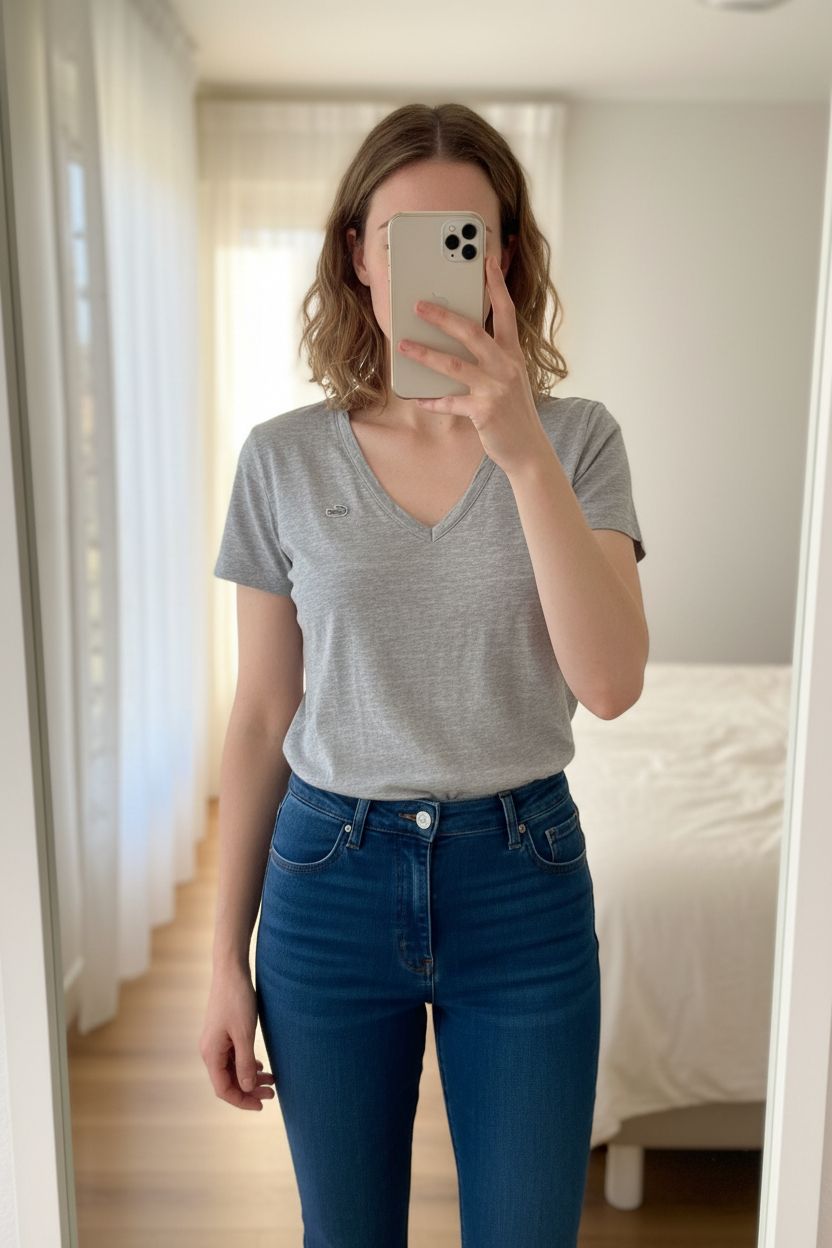 Lacoste T-Shirt Gr. 36 Grau V-Neck Basic aufrecht stehend, der Kamera zugewandt, in einem sanft beleuchteten Schlafzimmer, mit natürlichem Licht, das durch ein Fenster fällt.