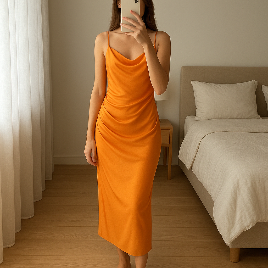 Robe Zara T36 neuf debout, face à la caméra, dans une chambre à la lumière douce, avec une lumière naturelle filtrant par la fenêtre.