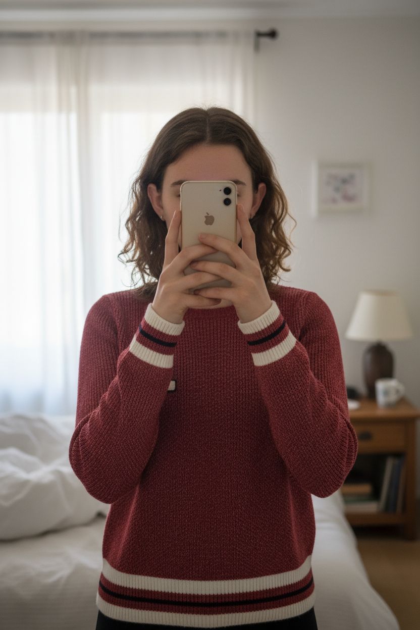 Pull Abercrombie et Fitch rouge S debout, face à la caméra, dans une chambre à la lumière douce, avec une lumière naturelle filtrant par la fenêtre.