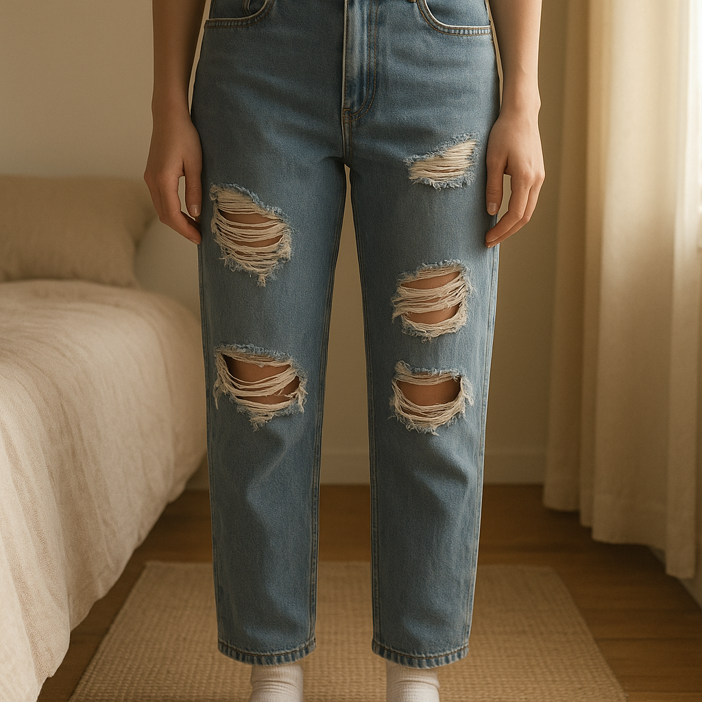 🌸Jean effet déchiré 🌸 Taille XS🌸 debout, face à la caméra, dans une chambre à la lumière douce, avec une lumière naturelle filtrant par la fenêtre.