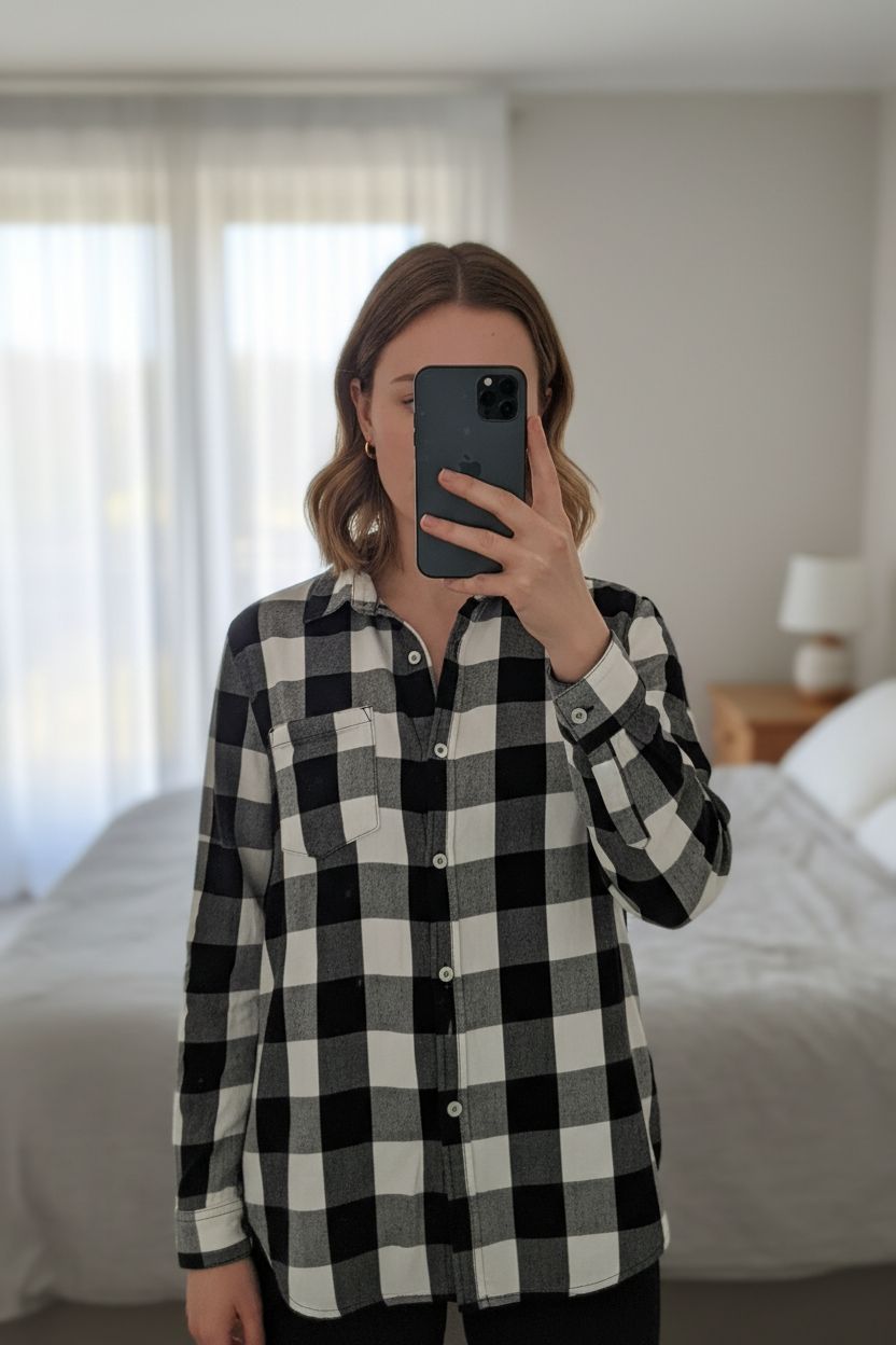 Chemise debout, face à la caméra, dans une chambre à la lumière douce, avec une lumière naturelle filtrant par la fenêtre.