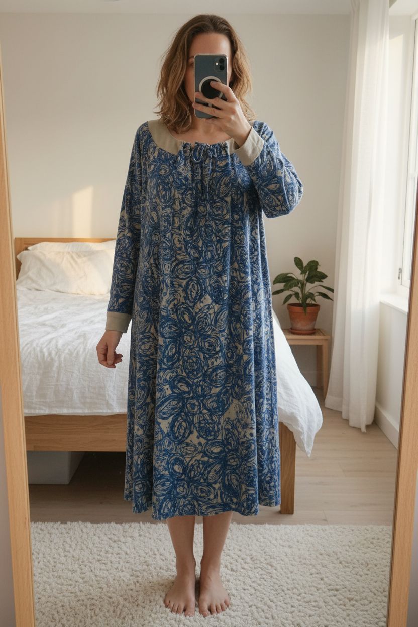 People Tree blue dress size 16 organic cotton midi artsy boho slow fashion standing straight facing the camera, in a softly lit bedroom setting, with gentle natural light filtering through a window.